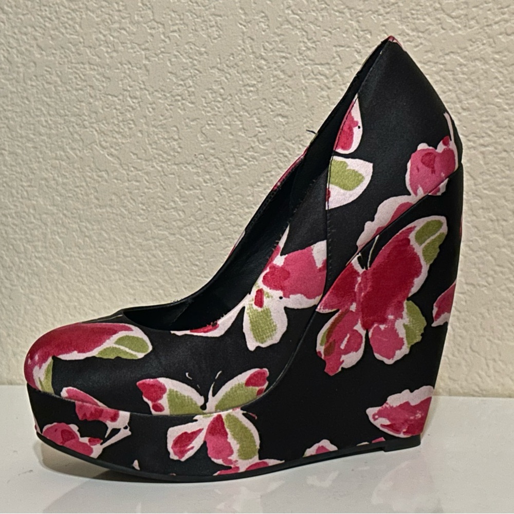 Satin Butterfly Floral Platform Wedge Pumps US 8.5 Black Pink by Elle